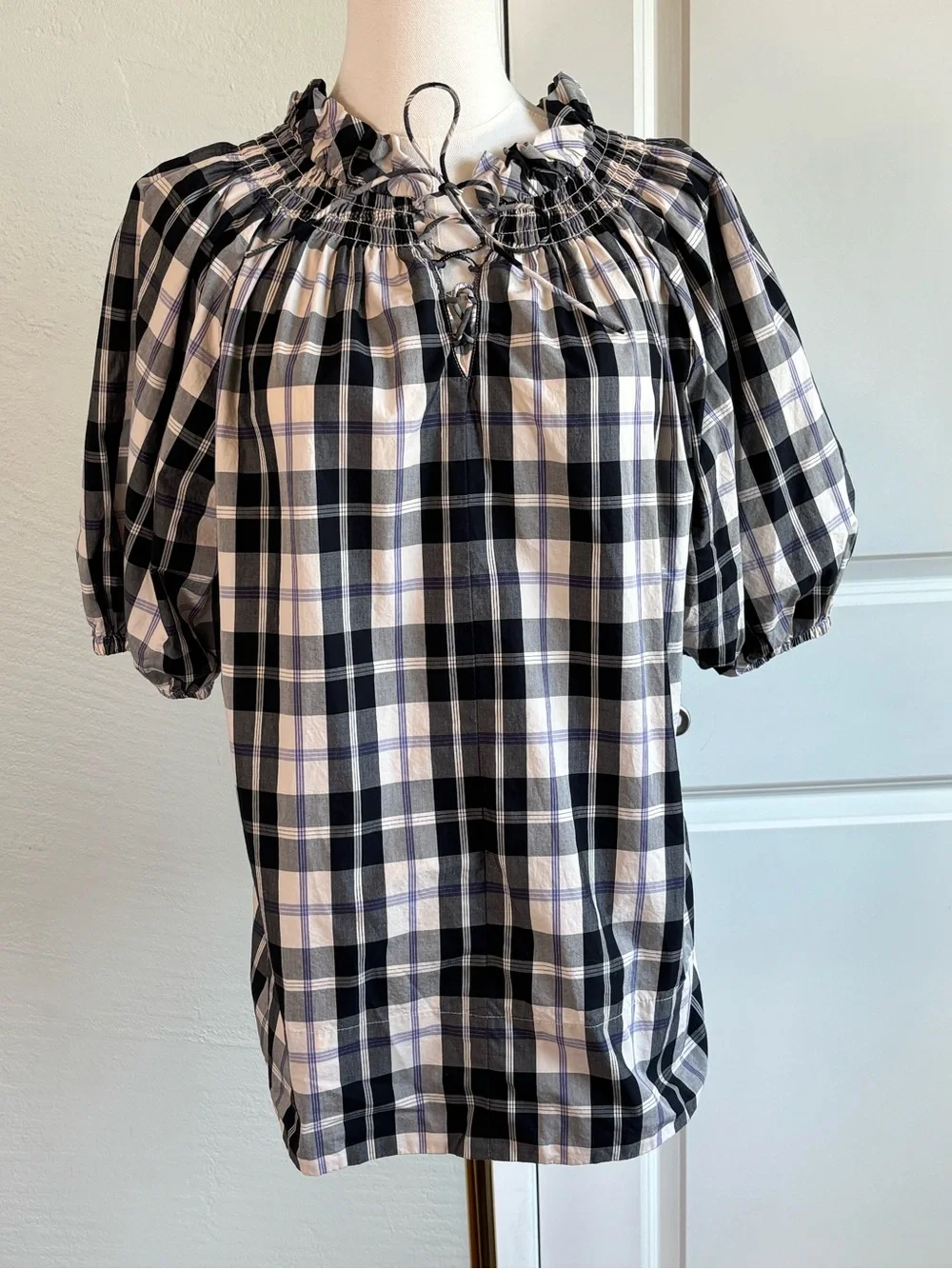 Bundle 2/$30! J. Crew Black and White Plaid Smocked Peasant Top